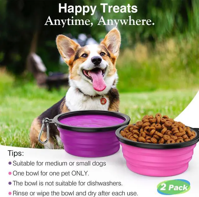 Alt view image 5 of 7 - Pawaboo Collapsible Travel Dog Bowls 2 Pack with Lids&Carabiners Silicone | Feeding Watering Bowls for Dogs Cats, Collapsable Water Feeder Food Bowl for Walking Traveling Home Use,Pink + Purple