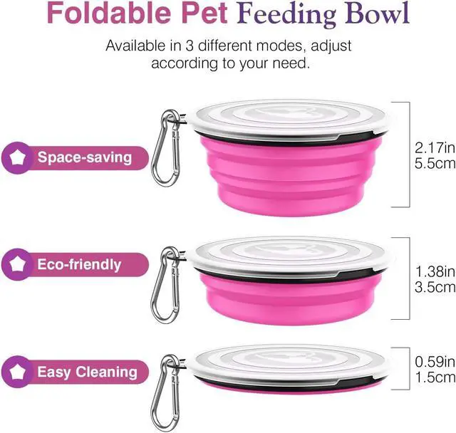 Alt view image 6 of 7 - Pawaboo Collapsible Travel Dog Bowls 2 Pack with Lids&Carabiners Silicone | Feeding Watering Bowls for Dogs Cats, Collapsable Water Feeder Food Bowl for Walking Traveling Home Use,Pink + Purple