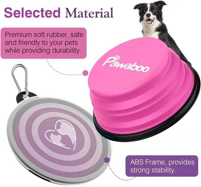 Alt view image 7 of 7 - Pawaboo Collapsible Travel Dog Bowls 2 Pack with Lids&Carabiners Silicone | Feeding Watering Bowls for Dogs Cats, Collapsable Water Feeder Food Bowl for Walking Traveling Home Use,Pink + Purple
