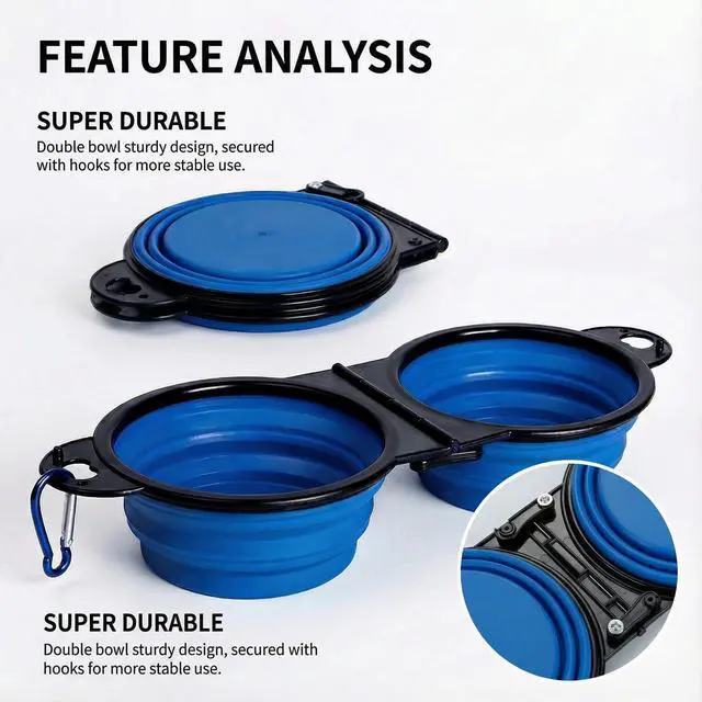 Alt view image 2 of 7 - Double Collapsible Dog Bowls for Travel, Food and Water Set with Clip, Blue | 13.5 oz each, folds flat, carabiner clip, walking, hiking, camping, for small and medium pets