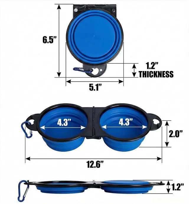 Alt view image 3 of 7 - Double Collapsible Dog Bowls for Travel, Food and Water Set with Clip, Blue | 13.5 oz each, folds flat, carabiner clip, walking, hiking, camping, for small and medium pets