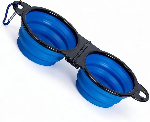 Alt view image 4 of 7 - Double Collapsible Dog Bowls for Travel, Food and Water Set with Clip, Blue | 13.5 oz each, folds flat, carabiner clip, walking, hiking, camping, for small and medium pets