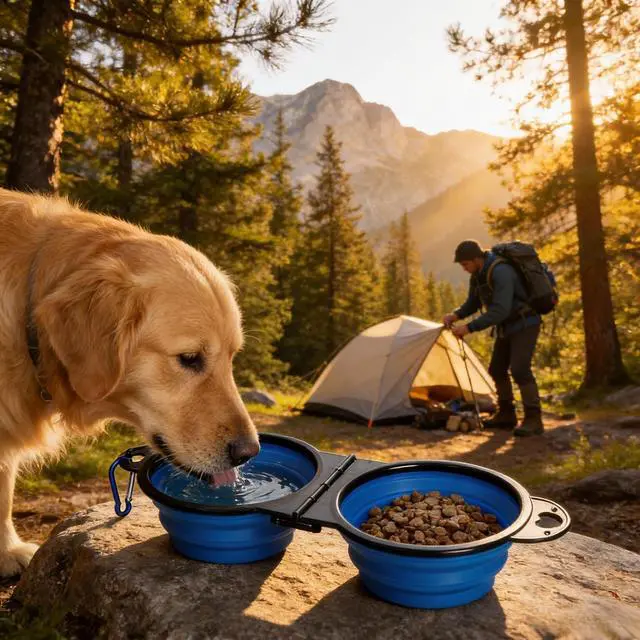 Alt view image 7 of 7 - Double Collapsible Dog Bowls for Travel, Food and Water Set with Clip, Blue | 13.5 oz each, folds flat, carabiner clip, walking, hiking, camping, for small and medium pets