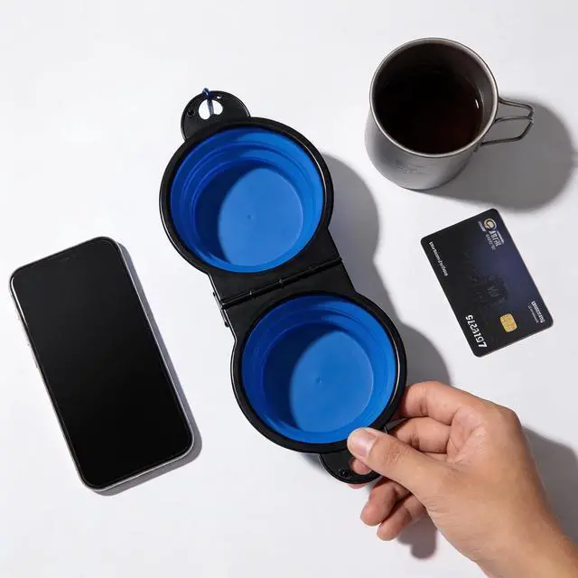 Alt view image 5 of 7 - Double Collapsible Dog Bowls for Travel, Food and Water Set with Clip, Blue | 13.5 oz each, folds flat, carabiner clip, walking, hiking, camping, for small and medium pets