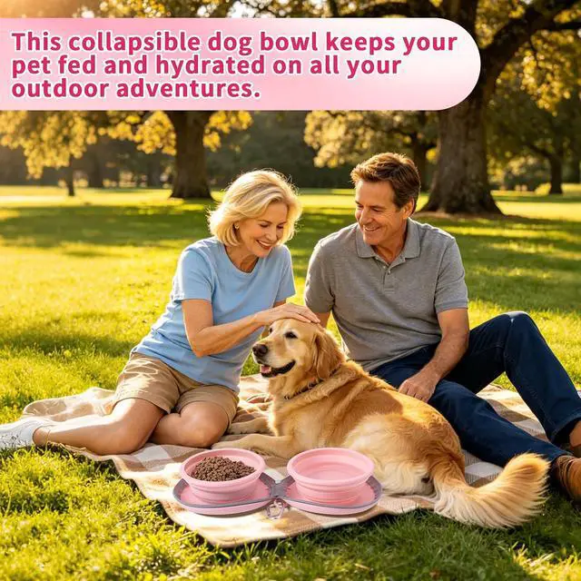 Alt view image 2 of 7 - Dog Bowl for Travel, Collapsible Silicone Dog Dual Bowls with Dustproof Zip Case and Pet Paw Pattern 180 Degrees Flip Over Compact Foldable Feeder for Camping Hiking Trips
