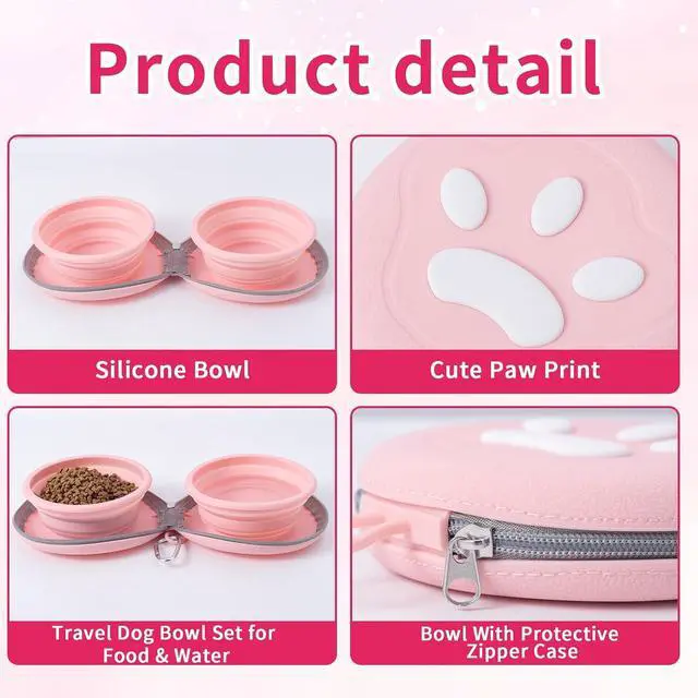 Alt view image 3 of 7 - Dog Bowl for Travel, Collapsible Silicone Dog Dual Bowls with Dustproof Zip Case and Pet Paw Pattern 180 Degrees Flip Over Compact Foldable Feeder for Camping Hiking Trips