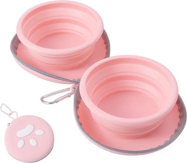 Main image of Dog Bowl for Travel, Collapsible Silicone Dog Dual Bowls with Dustproof Zip Case and Pet Paw Pattern 180 Degrees Flip Over Compact Foldable Feeder for Camping Hiking Trips