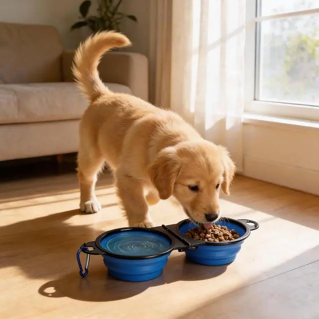 Alt view image 6 of 7 - Double Collapsible Dog Bowls for Travel, Food and Water Set with Clip, Blue | 13.5 oz each, folds flat, carabiner clip, walking, hiking, camping, for small and medium pets