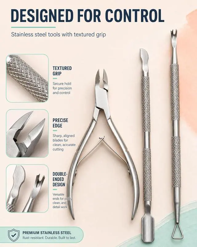 Alt view image 4 of 7 - Cuticle Trimmer and Pusher Set - Stainless Steel Cuticle Nippers | with 1/2 Jaw, Dual-Ended Cuticle Pusher and Fork - Professional Style Manicure Pedicure Tools for Home and Salon Use