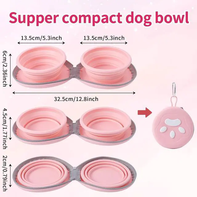Alt view image 4 of 7 - Dog Bowl for Travel, Collapsible Silicone Dog Dual Bowls with Dustproof Zip Case and Pet Paw Pattern 180 Degrees Flip Over Compact Foldable Feeder for Camping Hiking Trips