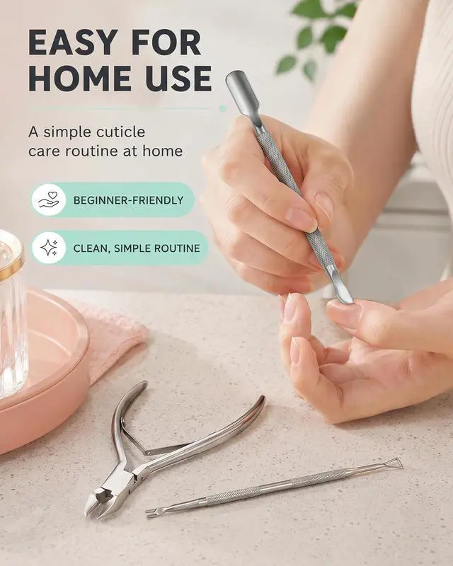 Alt view image 5 of 7 - Cuticle Trimmer and Pusher Set - Stainless Steel Cuticle Nippers | with 1/2 Jaw, Dual-Ended Cuticle Pusher and Fork - Professional Style Manicure Pedicure Tools for Home and Salon Use