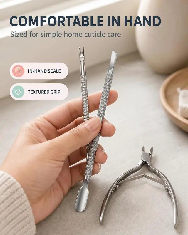 Alt view image 6 of 7 - Cuticle Trimmer and Pusher Set - Stainless Steel Cuticle Nippers | with 1/2 Jaw, Dual-Ended Cuticle Pusher and Fork - Professional Style Manicure Pedicure Tools for Home and Salon Use