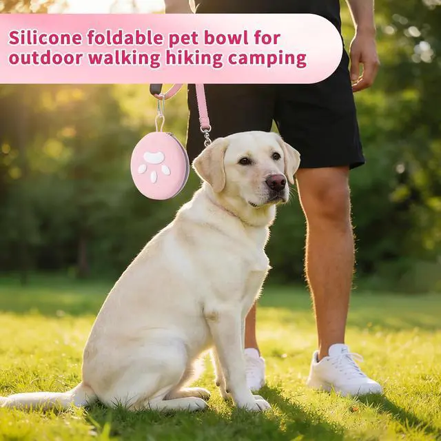 Alt view image 6 of 7 - Dog Bowl for Travel, Collapsible Silicone Dog Dual Bowls with Dustproof Zip Case and Pet Paw Pattern 180 Degrees Flip Over Compact Foldable Feeder for Camping Hiking Trips