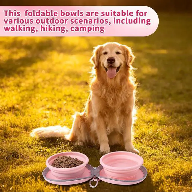 Alt view image 7 of 7 - Dog Bowl for Travel, Collapsible Silicone Dog Dual Bowls with Dustproof Zip Case and Pet Paw Pattern 180 Degrees Flip Over Compact Foldable Feeder for Camping Hiking Trips