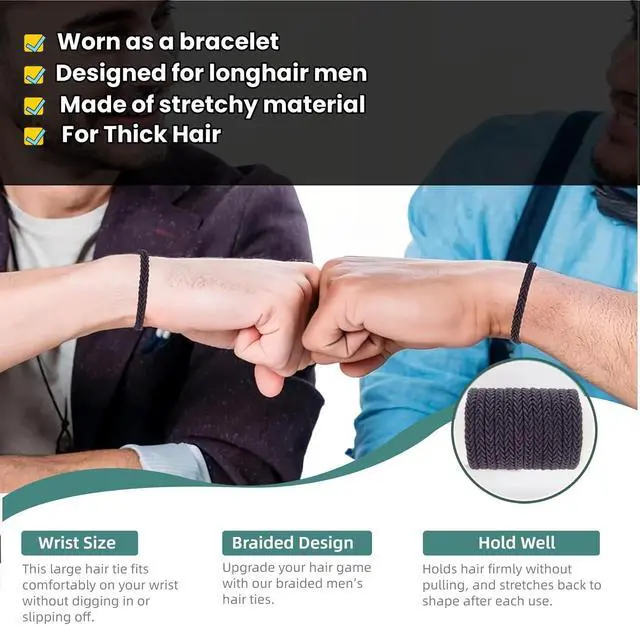 Alt view image 2 of 7 - Large Braided Mens Hair Ties,Black Pony Tails Holders for Women,Guys | Durable Stretch Scrunchies,Bands for Long Hair Men Bun,Durable,for Thick Hair,Wrist Hair Ties Bracelet
