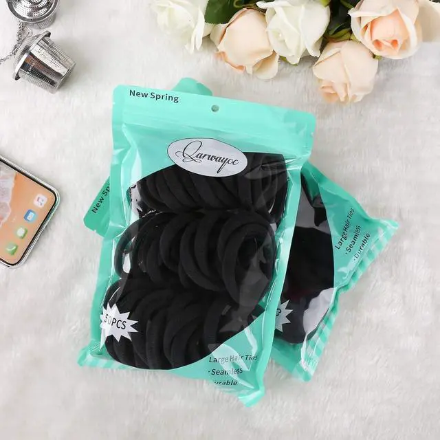 Alt view image 5 of 5 - 50PCS Black Hair Ties for Women, Cotton Seamless Hair Bands, Elastic Ponytail Holders, No Damage for Thick Hair, 2 Inch in Diameter, by Qarwayoc