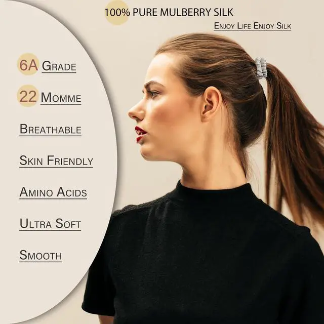 Alt view image 2 of 6 - 100% Mulberry Silk Hair Ties 4PCS, Silk Scrunchies for Women | 22 Momme 100% Mulberry Silk | No Damage & Anti Frizz | Ideal for Hair Care | Black