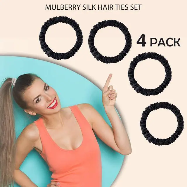 Alt view image 3 of 6 - 100% Mulberry Silk Hair Ties 4PCS, Silk Scrunchies for Women | 22 Momme 100% Mulberry Silk | No Damage & Anti Frizz | Ideal for Hair Care | Black