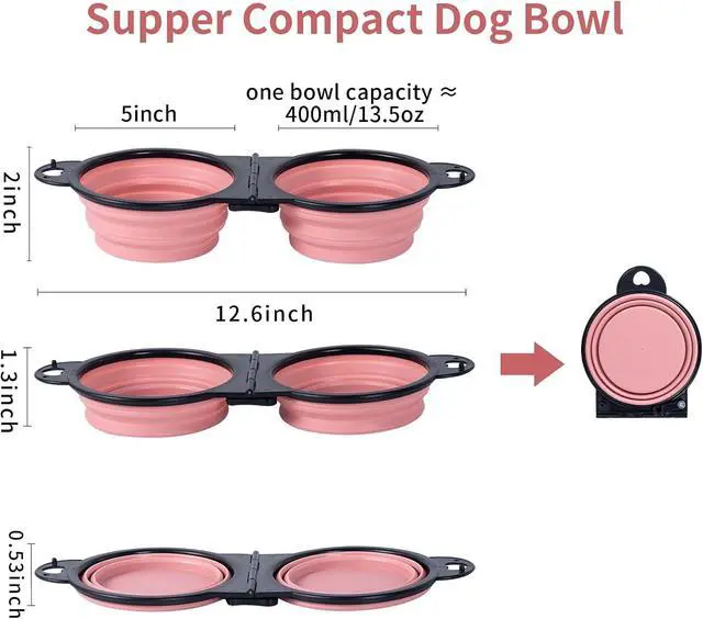 Alt view image 2 of 6 - SLSON Collapsible Dog Dual Bowls Reinforced Rim 180 Degrees Flip Over Foldable Double Bowl with Lock Clips More Stable Dog Travel Bowls Pet Food Water Feeder (Light Pink)