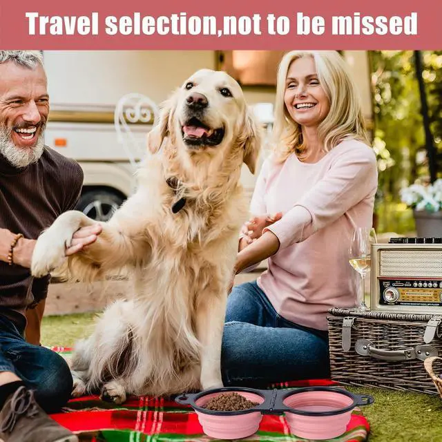 Alt view image 5 of 6 - SLSON Collapsible Dog Dual Bowls Reinforced Rim 180 Degrees Flip Over Foldable Double Bowl with Lock Clips More Stable Dog Travel Bowls Pet Food Water Feeder (Light Pink)