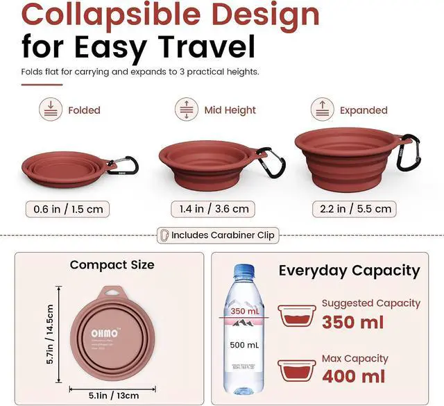 Alt view image 3 of 6 - OHMO Collapsible Dog Bowls for Pet Travel, 12oz, 2pcs, Coral&Brick Red | Portable Water Bowl, Cat-Friendly, BPA-Free Silicone, Foldable Storage, Lightweight Carry, Hiking&Camping Gear, Easy-Clean