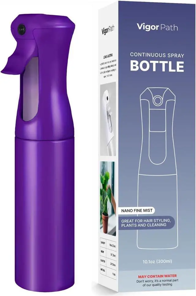 Main image of VIGOR PATH Continuous Spray Bottle for Hair Fine Mist Mister for Hairstyling, Cleaning, Plants, Pets, Barbers, Salons, and Essential Oil Applications (300ml/10.1 oz) Dark Purple