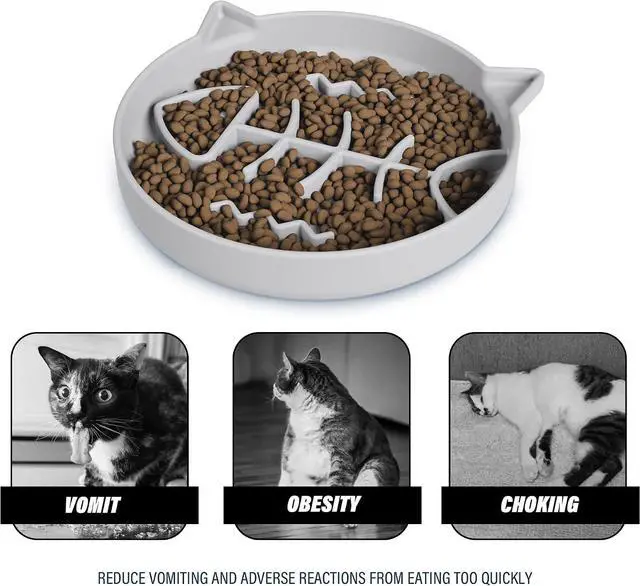 Alt view image 4 of 6 - Silicone Cat Slow Feeder Bowl with Suction Cups - Interactive Puzzle Toy to Reduce Overeating in Kitty(Gray, 1 Cup)
