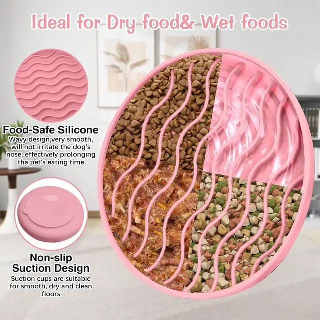 Alt view image 3 of 6 - Fhiny Slow Feeder Dog Bowl, Silicone Dog Puzzle Bowl Slow Feeder Puppy Bowls Slow Eating Modern Lick Mat Design Dishwasher Microwave Fit for Fast Eaters, All Small Medium Dogs Puppy Doggy (Pink)