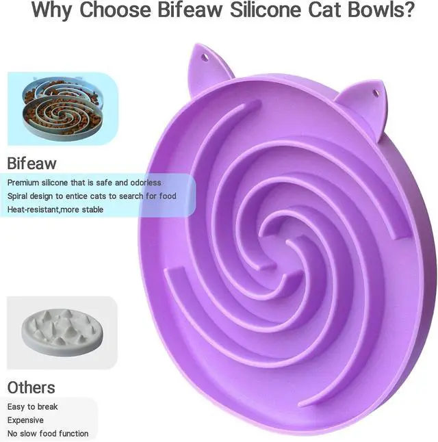 Alt view image 2 of 7 - Bifeaw Slow Feeder Cat Bowl, Easy to Clean Silicone Bowl, Ideal for Dry and Wet Food (Purple and Pink)
