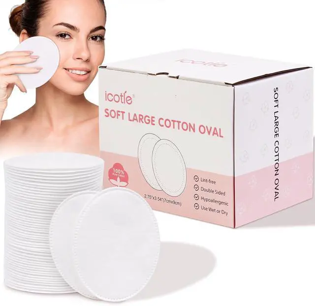 Main image of Oval Cotton Pads (100 Count) Ultra-Soft Cotton Ovals 100% Cotton Spunlace Purely Physical Technology, Large Makeup Remover Pads Facial Cotton Pads for Makeup Removal, Cleansing, Toner Application