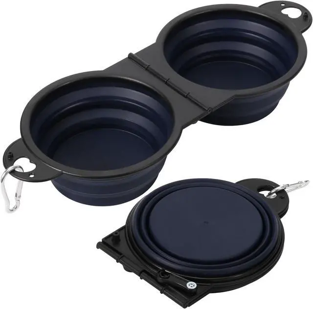 Main image of Collapsible Dog Dual Bowls, 2-in-1 with Locking Clip for More Stability 180 Degree Flip Portable Dog Travel Bowl for Water and Food Pet Food Drinker (Dark Blue)