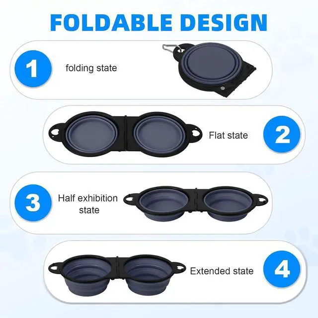 Alt view image 3 of 7 - Collapsible Dog Dual Bowls, 2-in-1 with Locking Clip for More Stability 180 Degree Flip Portable Dog Travel Bowl for Water and Food Pet Food Drinker (Dark Blue)
