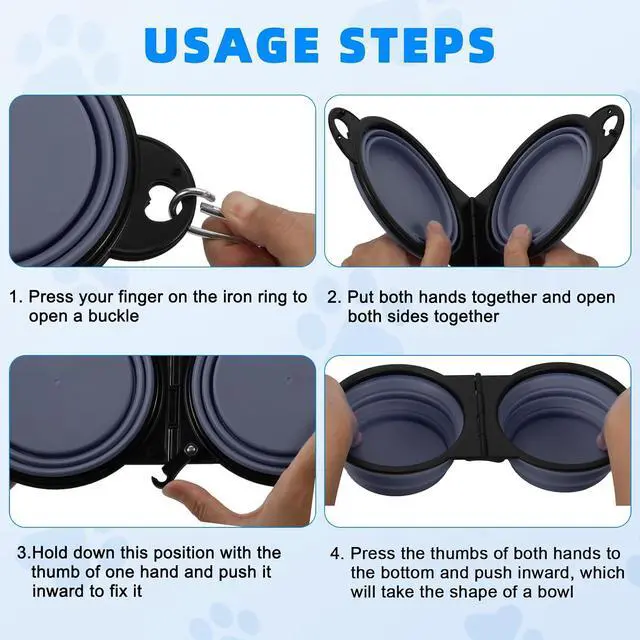 Alt view image 4 of 7 - Collapsible Dog Dual Bowls, 2-in-1 with Locking Clip for More Stability 180 Degree Flip Portable Dog Travel Bowl for Water and Food Pet Food Drinker (Dark Blue)