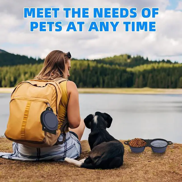 Alt view image 2 of 7 - Collapsible Dog Dual Bowls, 2-in-1 with Locking Clip for More Stability 180 Degree Flip Portable Dog Travel Bowl for Water and Food Pet Food Drinker (Dark Blue)