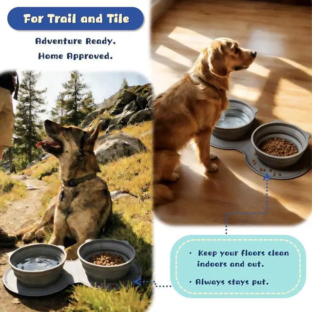 Alt view image 3 of 5 - Premium Silicone Collapsible Dog Bowl with Carabiner Clip, 2-in-1 Foldable Double Pet Food & Water Travel Bowl, Portable No-Spill Design for Walking Hiking Camping, for Small Medium Dogs