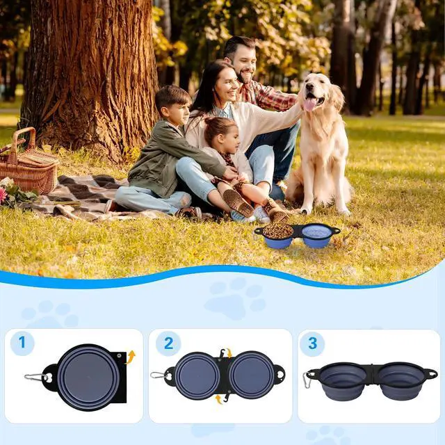 Alt view image 7 of 7 - Collapsible Dog Dual Bowls, 2-in-1 with Locking Clip for More Stability 180 Degree Flip Portable Dog Travel Bowl for Water and Food Pet Food Drinker (Dark Blue)