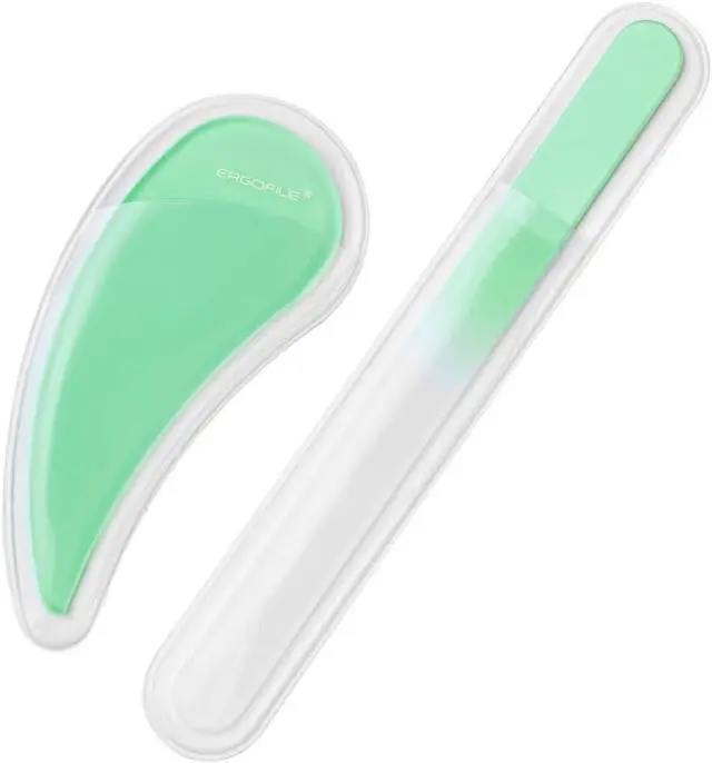 Main image of Bona Fide Beauty Ergo Czech Glass Nail File for, 2pc Set, Jade Color | Bohemian etched glass files for natural nails, reusable manicure tool, comfort grip nail file