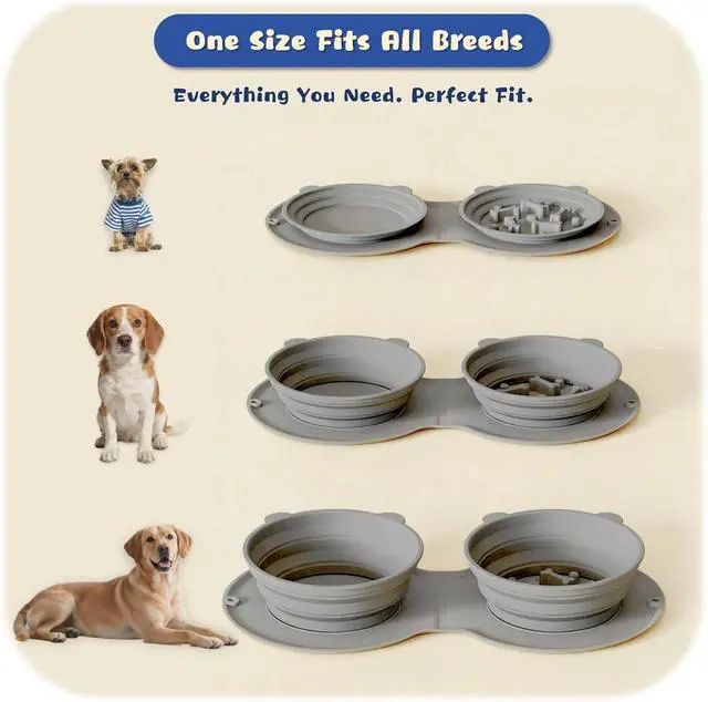 Alt view image 4 of 5 - Premium Silicone Collapsible Dog Bowl with Carabiner Clip, 2-in-1 Foldable Double Pet Food & Water Travel Bowl, Portable No-Spill Design for Walking Hiking Camping, for Small Medium Dogs