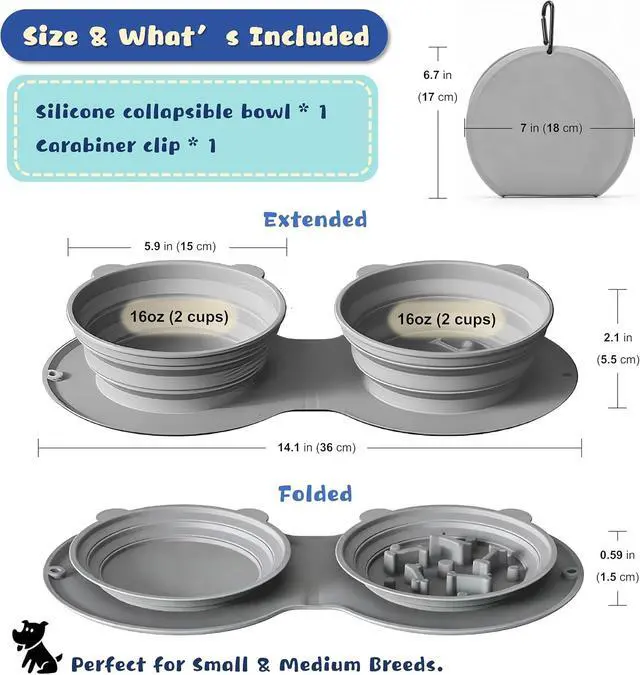 Alt view image 5 of 5 - Premium Silicone Collapsible Dog Bowl with Carabiner Clip, 2-in-1 Foldable Double Pet Food & Water Travel Bowl, Portable No-Spill Design for Walking Hiking Camping, for Small Medium Dogs