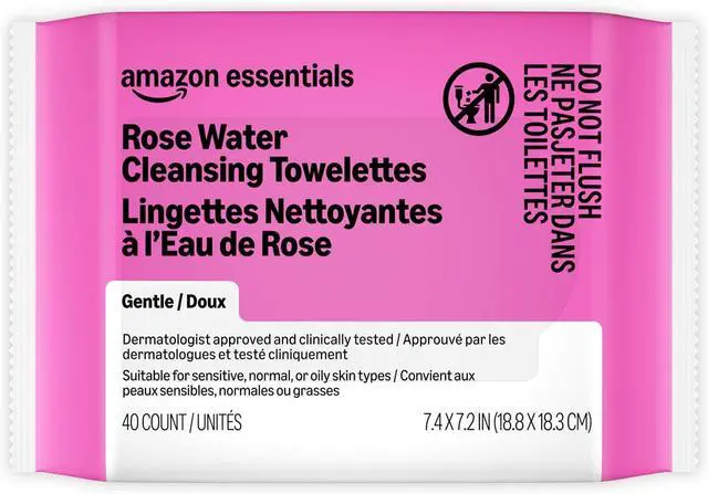 Main image of Amazon Essentials Rose Water Cleansing Towelettes, Gentle, Dermatologist Approved, Suitable for Sensitive, Normal, or Oily skin types, 40 Count, Pack of 1