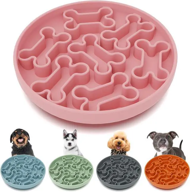Main image of Silicone Slow Feeder Dog Bowl Pink Bone Pattern | Food-Grade Non-Slip Dog Dish for Anti-Bloat, Fast Eating Prevention, 7.5 x 1.5, Dishwasher Safe