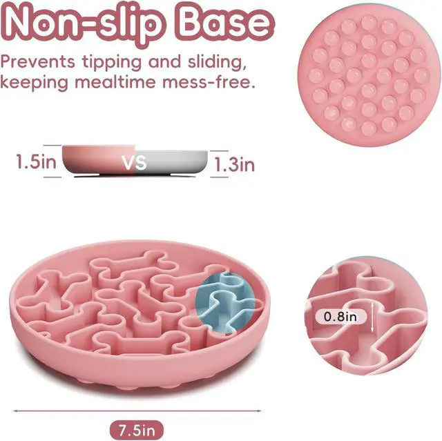 Alt view image 5 of 7 - Silicone Slow Feeder Dog Bowl Pink Bone Pattern | Food-Grade Non-Slip Dog Dish for Anti-Bloat, Fast Eating Prevention, 7.5 x 1.5, Dishwasher Safe