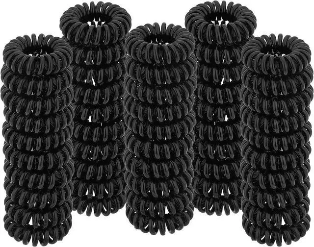 Main image of Spiral Hair Ties (Small Black, 50 Pcs Plastic Spiral) - Coil Ponytail Holders for Thick Hair, No Crease Phone Cord Ties for All Types