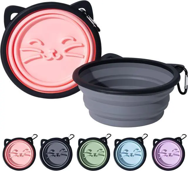 Main image of 2Pack Silicone Collapsible Dog Bowls, Cute Pet Ear Shape and Cat Graphic Travel Water Bowl Full of Pet Atmosphere 25oz Portable Feeder for Small Large Dog Walking Hiking Camping (Pink and Grey)