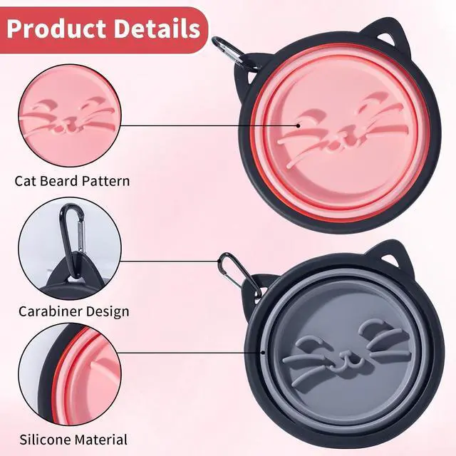 Alt view image 2 of 7 - 2Pack Silicone Collapsible Dog Bowls, Cute Pet Ear Shape and Cat Graphic Travel Water Bowl Full of Pet Atmosphere 25oz Portable Feeder for Small Large Dog Walking Hiking Camping (Pink and Grey)