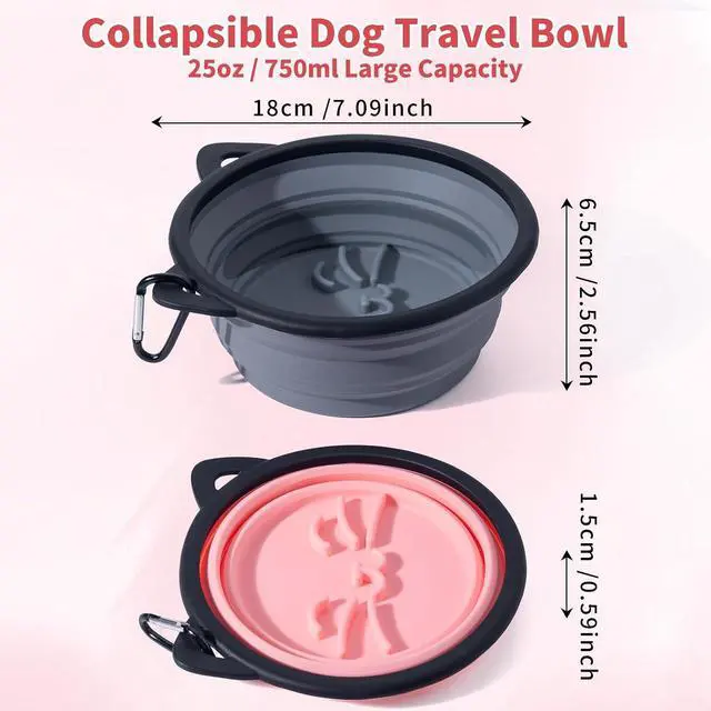 Alt view image 3 of 7 - 2Pack Silicone Collapsible Dog Bowls, Cute Pet Ear Shape and Cat Graphic Travel Water Bowl Full of Pet Atmosphere 25oz Portable Feeder for Small Large Dog Walking Hiking Camping (Pink and Grey)