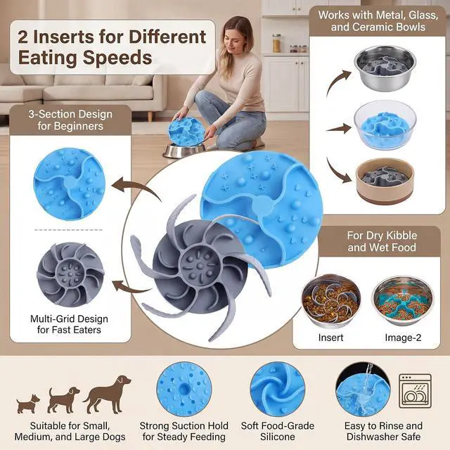 Alt view image 3 of 6 - Ondware 2 Pack Dog Bowl Slow Feeder Inserts Cuttable Silicone, 4.7-7 in | Strong Suction Base for Wet or Dry Food, Fits Ceramic Glass Stainless Bowls, DIY Slow Feeder Dog Bowls, Dishwasher Safe