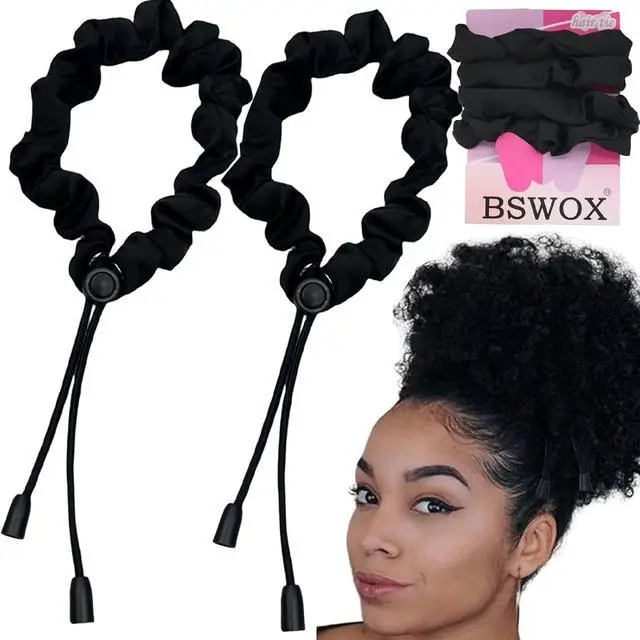 Alt view image 4 of 6 - 2 Pcs Adjust Satin Hair Tie, Satin Scrunchies for Women Girls, Adjustable Hair Ties for 4c Girlie Thick Curly Natural Hair, No Damage Hair Accessories for Afro Puff Loc Ponytails (black)