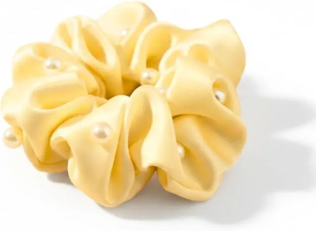 Main image of Vivedge|Satin Scrunchies for Woman| Korean Valentines Scrunchies Satin Hair ties with pearl soft fabric Anti-static Silky Scrunchies Satin Hair Ties Protect hair|For all Hair Types (Golden Marigold)