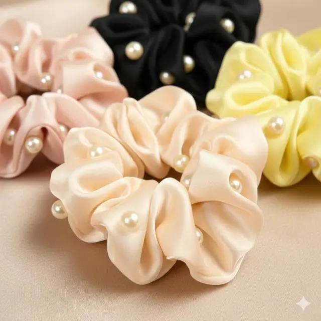 Alt view image 4 of 7 - Vivedge|Satin Scrunchies for Woman| Korean Valentines Scrunchies Satin Hair ties with pearl soft fabric Anti-static Silky Scrunchies Satin Hair Ties Protect hair|For all Hair Types (Golden Marigold)
